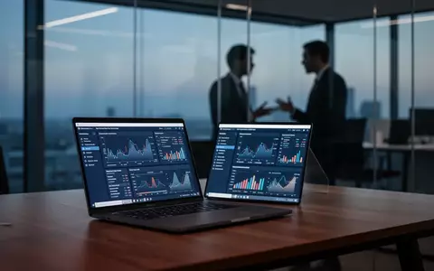 Ein moderner, minimalistischer Arbeitsplatz mit einem Laptop, auf dem Datenanalysen zu sehen sind, in einem professionellen Büro. - Foto: über boerse-global.de