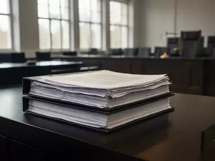 Ein Stapel umfangreicher juristischer Unterlagen auf einem Holztisch in einem modernen Gerichtssaal. - Foto: über boerse-global.de