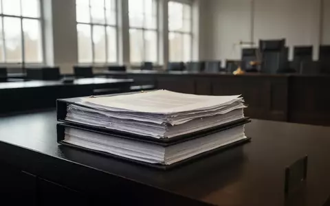 Ein Stapel umfangreicher juristischer Unterlagen auf einem Holztisch in einem modernen Gerichtssaal. - Foto: über boerse-global.de