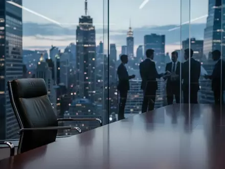 Ein minimalistischer Konferenzraum mit Blick auf ein Finanzviertel in der Dämmerung, symbolisch für institutionelle Marktbewegungen. - Foto: über boerse-global.de