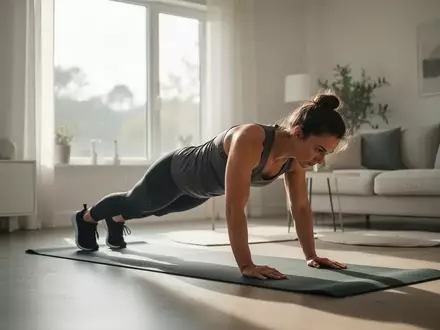 Eine Person führt in einem hellen, minimalistisch eingerichteten Wohnzimmer eine Plank-Übung auf einer Yogamatte aus. - Foto: über boerse-global.de