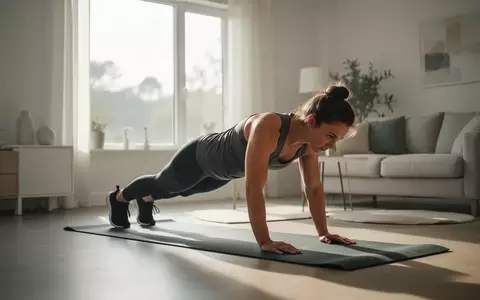 Eine Person führt in einem hellen, minimalistisch eingerichteten Wohnzimmer eine Plank-Übung auf einer Yogamatte aus. - Foto: über boerse-global.de