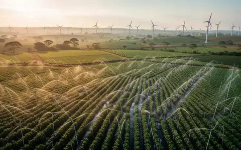 Weitläufige, moderne Agrarlandschaft mit Feldern und Windkraftanlagen bei Sonnenuntergang. - Foto: über boerse-global.de