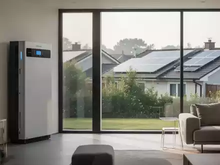 Modernes Energiespeichersystem in einem hellen, minimalistisch eingerichteten Wohnraum mit Blick auf eine Wohnsiedlung. - Foto: über boerse-global.de