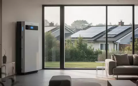 Modernes Energiespeichersystem in einem hellen, minimalistisch eingerichteten Wohnraum mit Blick auf eine Wohnsiedlung. - Foto: über boerse-global.de