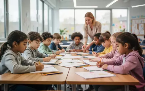 Eine Gruppe von Kindern arbeitet gemeinsam an einem großen Tisch in einem hellen Klassenzimmer. - Foto: über boerse-global.de
