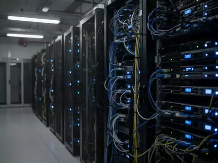 Ein modern ausgestatteter Serverraum mit leuchtenden Hardware-Komponenten und Verkabelungen in einer professionellen IT-Umgebung. - Foto: über boerse-global.de