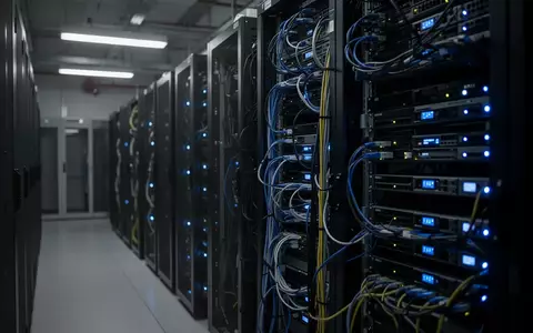 Ein modern ausgestatteter Serverraum mit leuchtenden Hardware-Komponenten und Verkabelungen in einer professionellen IT-Umgebung. - Foto: über boerse-global.de