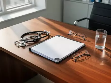 Ein aufgeräumter Schreibtisch in einer psychiatrischen Praxis mit Stethoskop, Patientenakte und Brille in natürlichem Licht. - Foto: über boerse-global.de