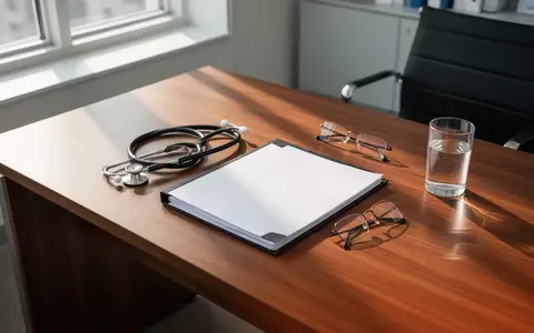 Ein aufgeräumter Schreibtisch in einer psychiatrischen Praxis mit Stethoskop, Patientenakte und Brille in natürlichem Licht. - Foto: über boerse-global.de