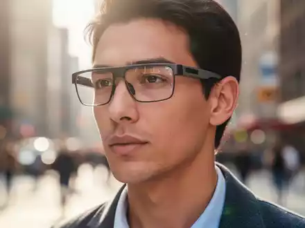 Eine Person trägt eine moderne Smart-Brille in einer urbanen Umgebung bei natürlichem Tageslicht. - Foto: über boerse-global.de