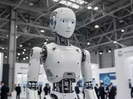 Ein fortschrittlicher humanoider Roboter steht in einer hellen, modernen Industriehalle auf einer Fachmesse. - Foto: über boerse-global.de