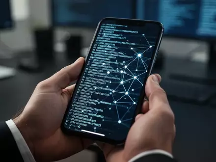 Ein Smartphone in Händen, das abstrakte Netzwerkknoten und Binärcode anzeigt, als Symbol für WebKit-Sicherheitsanalysen. - Foto: über boerse-global.de