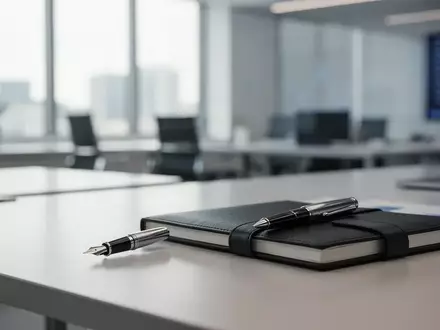 Ein minimalistischer Schreibtisch mit einem Füllfederhalter und einem Notizbuch in einem hellen, modernen Büro. - Foto: über boerse-global.de