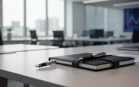 Ein minimalistischer Schreibtisch mit einem Füllfederhalter und einem Notizbuch in einem hellen, modernen Büro. - Foto: über boerse-global.de
