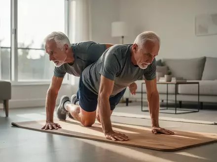 Ein sportlicher Senior führt eine Krabbelübung auf einer Matte in einem hellen, modern eingerichteten Wohnzimmer aus. - Foto: über boerse-global.de