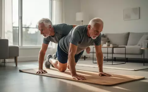 Ein sportlicher Senior führt eine Krabbelübung auf einer Matte in einem hellen, modern eingerichteten Wohnzimmer aus. - Foto: über boerse-global.de