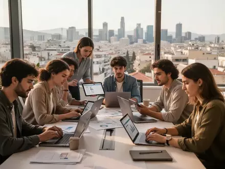 Junge Fachkräfte arbeiten in einem modernen, lichtdurchfluteten Büro in Athen gemeinsam an digitalen Projekten. - Foto: über boerse-global.de