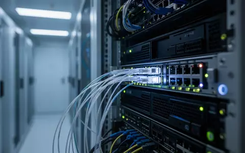 Nahaufnahme eines modernen Serverraums mit blau beleuchteten Hardware-Komponenten und Glasfaserkabeln. - Foto: über boerse-global.de