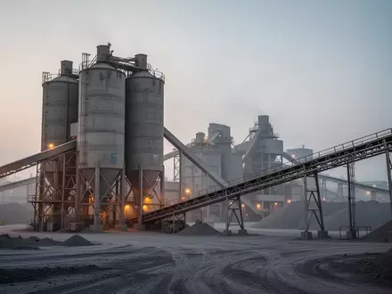 Moderne Zementfabrik bei Dämmerung mit großen Silos und Förderanlagen. - Foto: über boerse-global.de