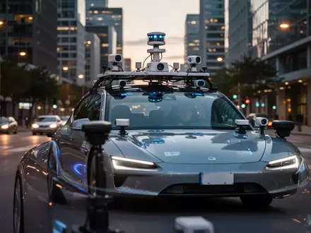 Ein autonomes Fahrzeug mit LiDAR- und Sensoreinheit auf dem Dach fährt bei Dämmerung durch eine moderne Stadt. - Foto: über boerse-global.de