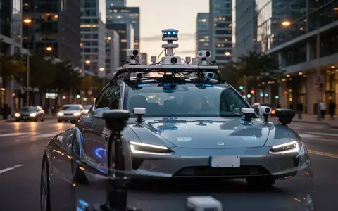 Ein autonomes Fahrzeug mit LiDAR- und Sensoreinheit auf dem Dach fährt bei Dämmerung durch eine moderne Stadt. - Foto: über boerse-global.de