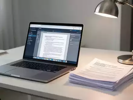 Ein moderner Schreibtisch mit einem Laptop, auf dem eine Dokumenten-Scan-Software zu sehen ist, neben ausgedruckten Unterlagen. - Foto: über boerse-global.de