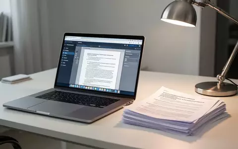 Ein moderner Schreibtisch mit einem Laptop, auf dem eine Dokumenten-Scan-Software zu sehen ist, neben ausgedruckten Unterlagen. - Foto: über boerse-global.de