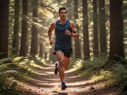 Ein Läufer trainiert in moderatem Tempo auf einem Waldweg, um den aeroben Stoffwechsel zu optimieren. - Foto: über boerse-global.de
