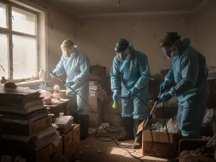 Professionelle Reinigungskräfte in Schutzkleidung bei der Räumung einer stark überfüllten Wohnung. - Foto: über boerse-global.de