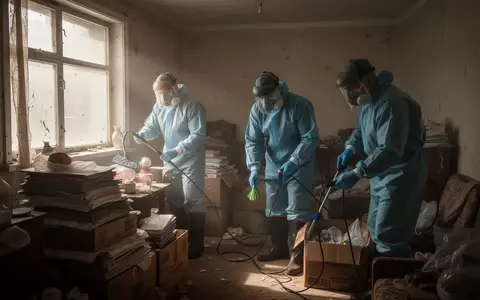 Professionelle Reinigungskräfte in Schutzkleidung bei der Räumung einer stark überfüllten Wohnung. - Foto: über boerse-global.de