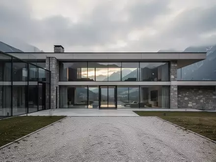 Eine moderne Luxusvilla in den Alpen bei bewölktem Himmel, umgeben von einer ruhigen Gartenanlage. - Foto: über boerse-global.de