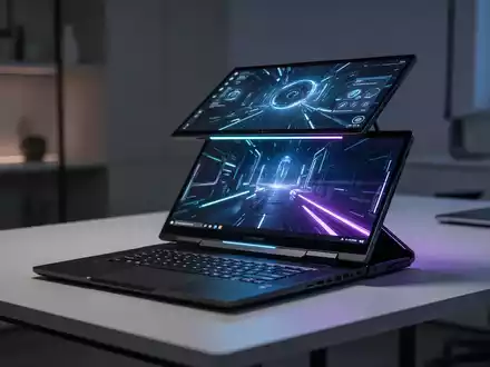 Ein modernes Gaming-Laptop mit zwei OLED-Bildschirmen auf einem minimalistischen Schreibtisch bei gedimmter Beleuchtung. - Foto: über boerse-global.de