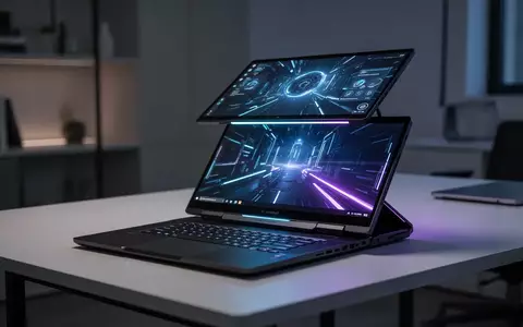 Ein modernes Gaming-Laptop mit zwei OLED-Bildschirmen auf einem minimalistischen Schreibtisch bei gedimmter Beleuchtung. - Foto: über boerse-global.de