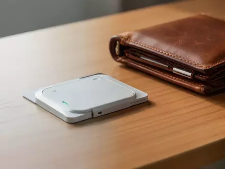 Ein flacher, scheckkartengroßer GPS-Tracker liegt neben einer Lederbrieftasche auf einem Holztisch. - Foto: über boerse-global.de