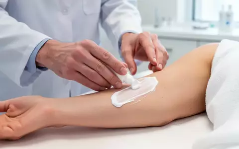 Dermatologe trägt medizinische Creme auf den Unterarm eines Patienten auf, um Hautnebenwirkungen einer Krebstherapie zu behandeln. - Foto: über boerse-global.de