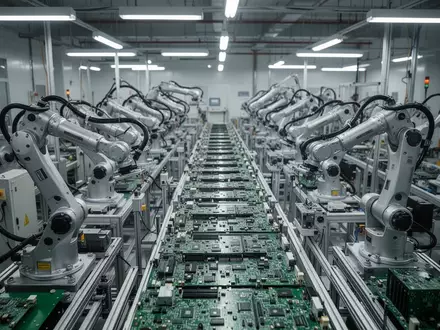 Moderne, automatisierte Fertigungslinie in einem Elektronikwerk mit Präzisionsmaschinen und Leiterplatten. - Foto: über boerse-global.de