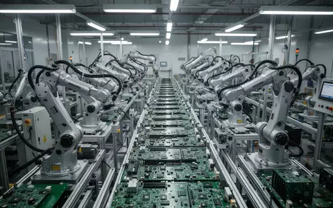 Moderne, automatisierte Fertigungslinie in einem Elektronikwerk mit Präzisionsmaschinen und Leiterplatten. - Foto: über boerse-global.de