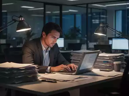 Erschöpfte Büroangestellte an einem Schreibtisch mit vielen Unterlagen in einem modernen Büro bei Nacht. - Foto: über boerse-global.de