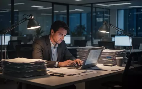 Erschöpfte Büroangestellte an einem Schreibtisch mit vielen Unterlagen in einem modernen Büro bei Nacht. - Foto: über boerse-global.de