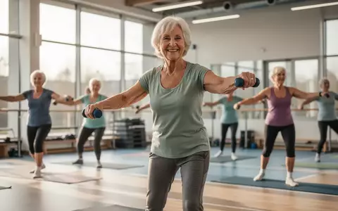 Eine lebensfrohe Seniorin beim moderaten Gesundheitssport in einer hellen Sporthalle. - Foto: über boerse-global.de