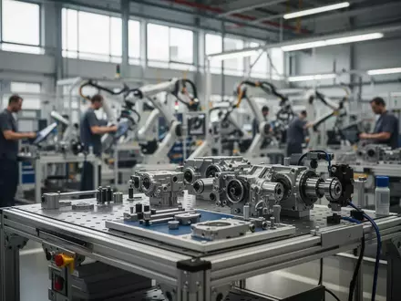 Arbeitsplatz in einer modernen deutschen Industriehalle mit Fokus auf Fertigungskomponenten. - Foto: über boerse-global.de