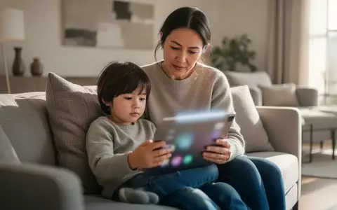 Ein Elternteil und ein Kind sitzen gemeinsam auf einem Sofa und schauen auf ein Tablet, dessen Bildschirm unscharf ist. - Foto: über boerse-global.de