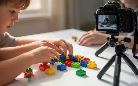 Nahaufnahme von Kinderhänden, die bunte Kunststoffbausteine für einen Stop-Motion-Animationsfilm auf einem Tisch anordnen. - Foto: über boerse-global.de