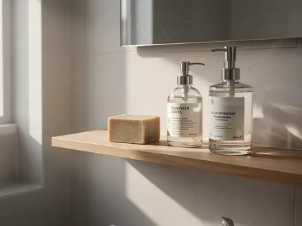 Minimalistisches Badezimmer mit hochwertigen, nachhaltigen Pflegeprodukten auf einem Holzregal bei natürlichem Licht. - Foto: über boerse-global.de