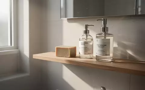 Minimalistisches Badezimmer mit hochwertigen, nachhaltigen Pflegeprodukten auf einem Holzregal bei natürlichem Licht. - Foto: über boerse-global.de