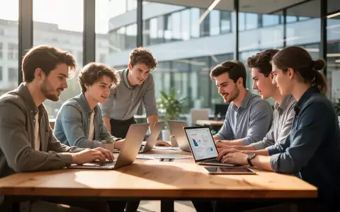 Junge Unternehmer bei einem Meeting in einem modernen, hellen Bürogebäude zur Förderung von Start-ups. - Foto: über boerse-global.de