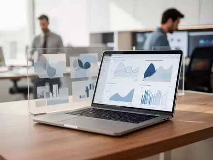 Ein moderner Arbeitsplatz mit einem Laptop, der abstrakte Datenvisualisierungen anzeigt, in einem hellen Büro. - Foto: über boerse-global.de