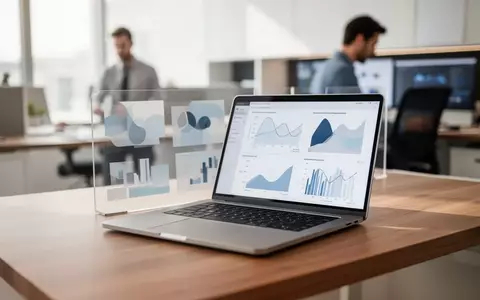 Ein moderner Arbeitsplatz mit einem Laptop, der abstrakte Datenvisualisierungen anzeigt, in einem hellen Büro. - Foto: über boerse-global.de