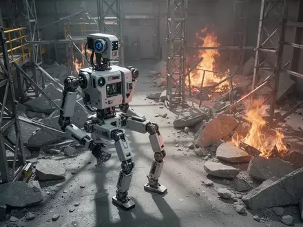 Ein humanoider Roboter bei der Bewältigung eines Hindernisparcours während einer Rettungsübung in einer Industriehalle. - Foto: über boerse-global.de